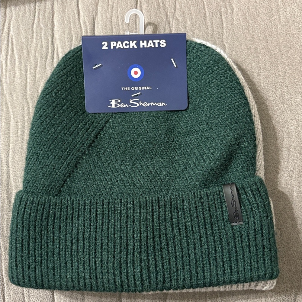 Ben Sherman Ribbed Knit Beanie Hats Green Gray 2 Pack NWT